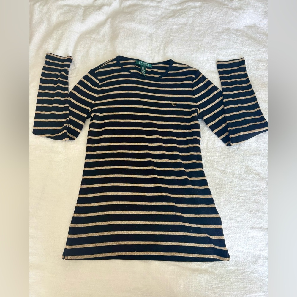 Ralph Lauren Womens Black Gold Striped Long Sleeve Cotton Crewneck Shirt, Small.